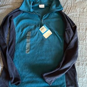 Womens Large Green and Navy 3/4 zip Fleece Pullover